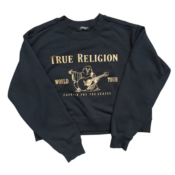 True Religion Tops - True Religion Black Gold Buddha Logo Crop Style Pullover Sweatshirt Sweater READ